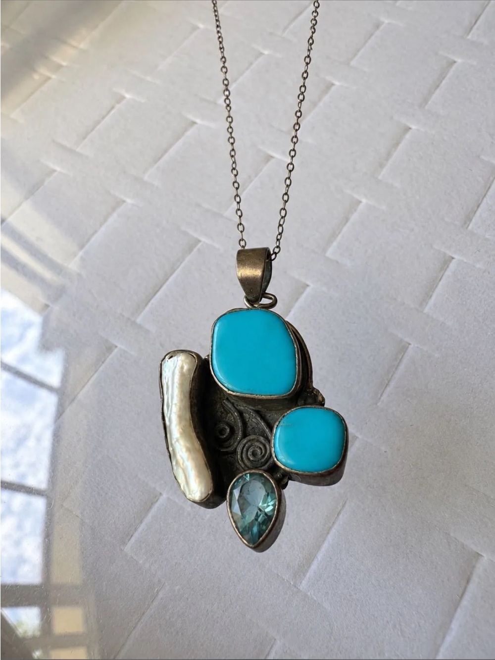 Handmade genuine turquoise pearl blue topaz sterling silver necklace